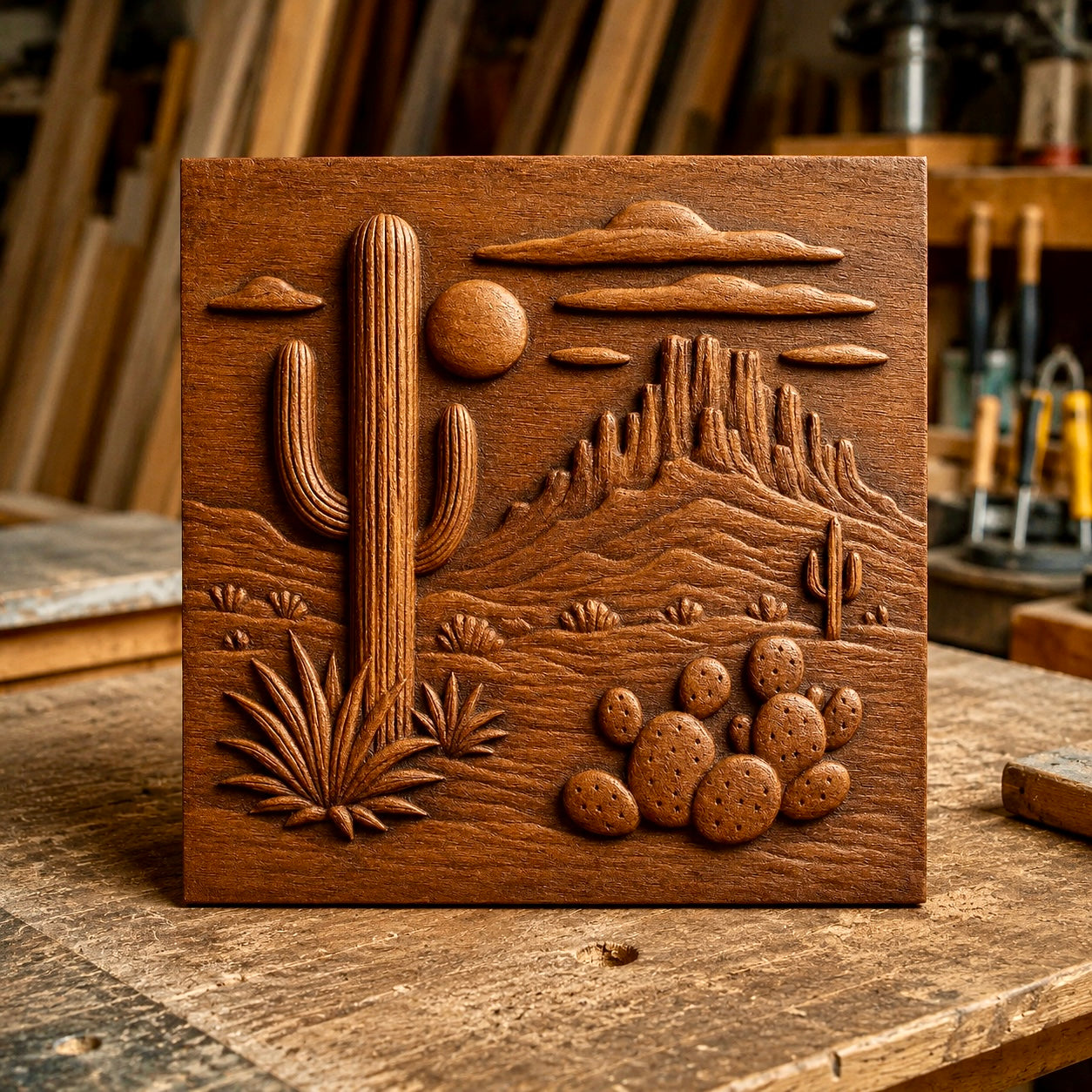 The "Desert Cactus CNC Relief STL File | Southwest CNC Wall Art" by Form Arcade features a carved wooden panel depicting a desert scene with cacti, distant mountains, sun, and clouds. Crafted using CNC relief carving techniques, this decorative wall art is shown resting on a workbench in a woodworking shop.