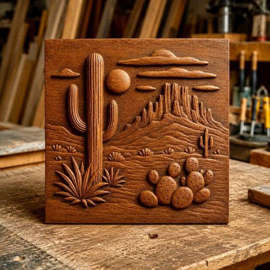 The "Desert Cactus CNC Relief STL File | Southwest CNC Wall Art" by Form Arcade features a carved wooden panel depicting a desert scene with cacti, distant mountains, sun, and clouds. Crafted using CNC relief carving techniques, this decorative wall art is shown resting on a workbench in a woodworking shop.