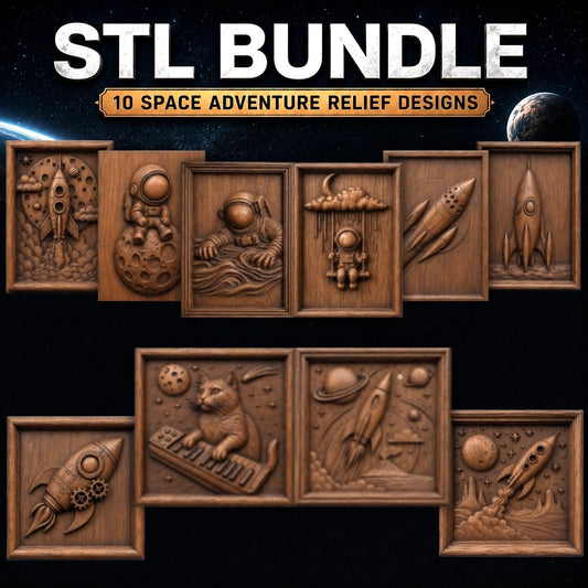 Introducing the Space Adventure 10-Pack STL Bundle | Rocket & Space CNC Relief Pack by Form Arcade: a collection of ten wooden relief plaques featuring space adventure themes—astronauts, rockets, planets, and even a cat on a keyboard—all set against cosmic backdrops. Perfect for CNC relief carving enthusiasts!.