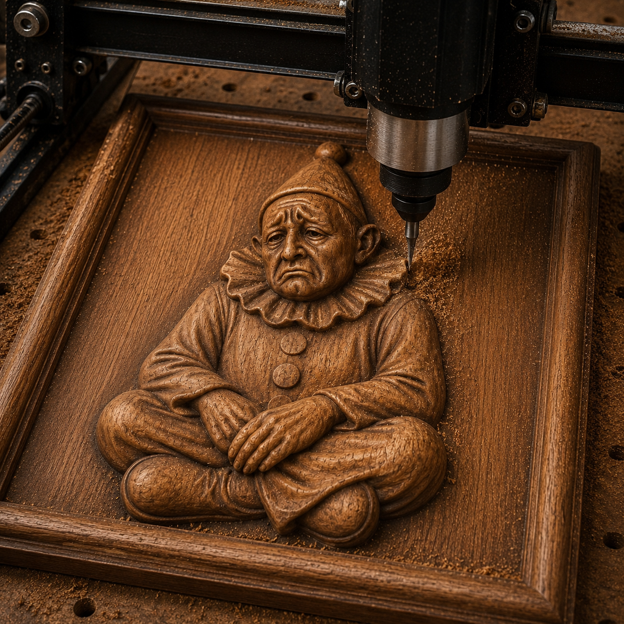 The Sad Clown Portrait Relief STL File by Form Arcade lets you create a detailed CNC wall art of a sad clown sitting cross-legged with folded hands, carved into wood and surrounded by shavings.