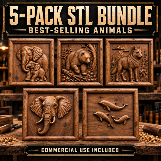 Best-Selling Animals 5-Pack CNC Relief STL Bundle | Wildlife Wood Carving Files