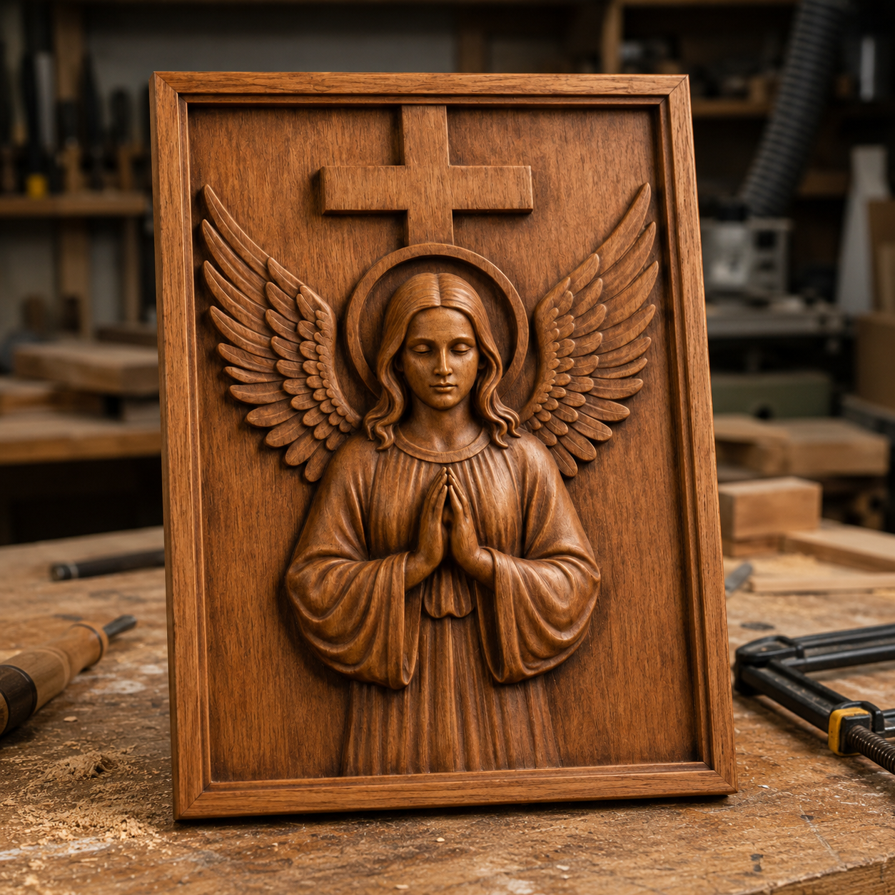 The Angel with Cross Relief STL File by Form Arcade is a Christian memorial CNC wall art design, featuring a praying angel with wings and a cross above its head, perfect for woodworking projects.