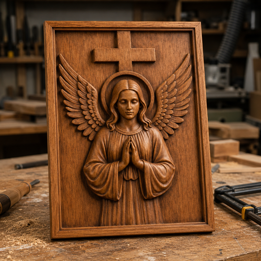 The Angel with Cross Relief STL File by Form Arcade is a Christian memorial CNC wall art design, featuring a praying angel with wings and a cross above its head, perfect for woodworking projects.