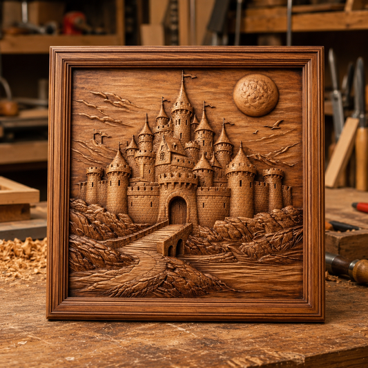 The Medieval Stone Castle Landscape Relief STL File by Form Arcade features a fantasy castle with turrets and bridge, perfect as CNC wall art for woodworking enthusiasts seeking unique medieval decor.