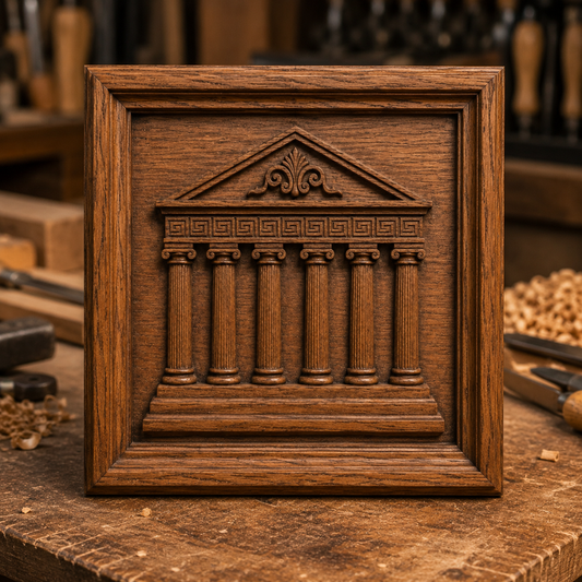 The "Greek Temple Parthenon Relief STL File" by Form Arcade features a six-column Parthenon with a triangular pediment, shown in a woodworking shop with tools and wood shavings in the background.