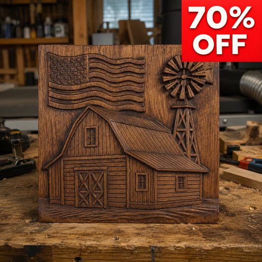The American Farm Barn CNC Relief STL File by Form Arcade—a patriotic wall art design with a barn, windmill, and flag—is displayed on a workbench. A red banner shows 70% OFF, ideal for adding to your next woodworking project.