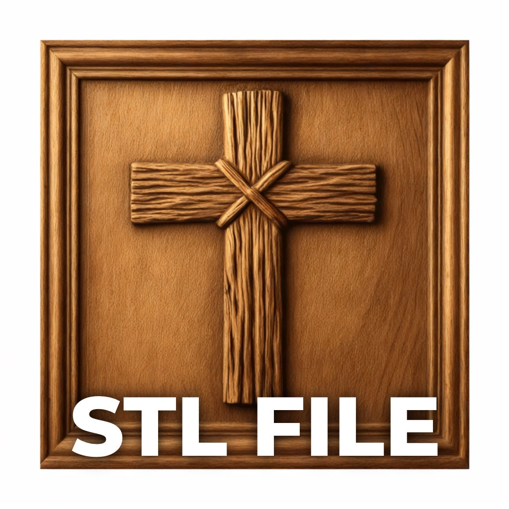 The Christian Cross CNC Relief STL File by Form Arcade features a rustic wooden cross on a square plaque with "Christian Cross STL" in bold white letters, ideal for 3D printing or use as religious CNC wall art.