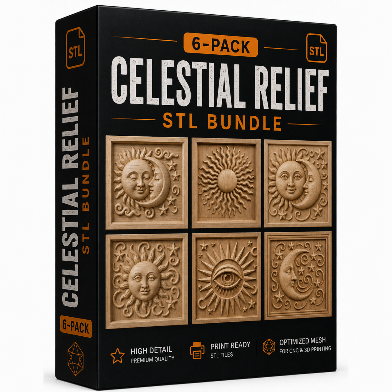 Presenting the Celestial Relief STL 6-Pack Bundle | Sun Moon CNC Wall Art by Form Arcade—a collection of six intricately detailed relief designs showcasing the sun, moon, and stars with ornate celestial faces and a mystical eye. Ideal for CNC relief carving or crafting unique celestial wall art, these high-detail bas relief STL files feature print-ready, optimized mesh specifically designed for 3D printing.