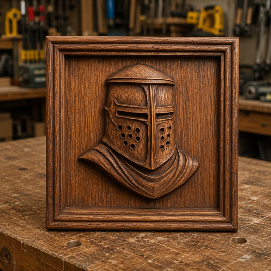 A framed wooden relief carving, created using the Medieval Knight Helmet Relief STL File | Fantasy CNC Wall Art by Form Arcade, is displayed on a workbench in a woodworking shop. Tools and shelves in the background showcase this impressive example of CNC relief carving for woodworking projects.