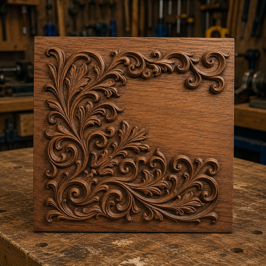 The Ornamental Corner Scroll Relief STL File by Form Arcade, a square panel featuring intricate decorative floral carvings in one corner and crafted with CNC relief techniques, is shown on a woodshop workbench with tools mounted on the wall behind it.