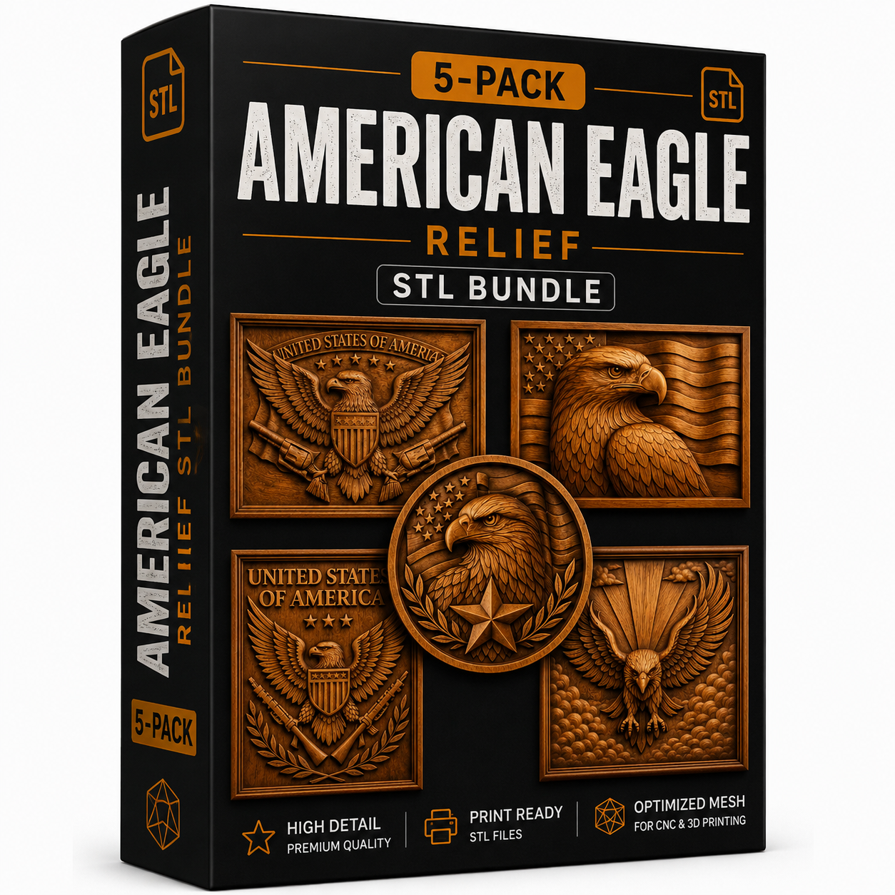 Form Arcade’s American Eagle Relief STL 5 Pack Bundle | Patriotic CNC Wall Art features intricately detailed 3D relief designs of eagles and U.S. seals, packaged as a print-ready, high-quality mesh set optimized for CNC relief projects or wood carving. Icons denote its print quality, readiness, and optimized mesh.