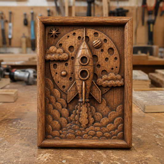 Showcasing the artistry of woodworking, the Rocket Launch Relief STL File | Space CNC Wall Art by Form Arcade features a detailed scene of a rocket ship launching toward a cratered moon, surrounded by clouds and stars. Designed for use in CNC relief carving projects, this unique digital file offers inspiration to makers seeking to bring celestial themes into their workshop creations.