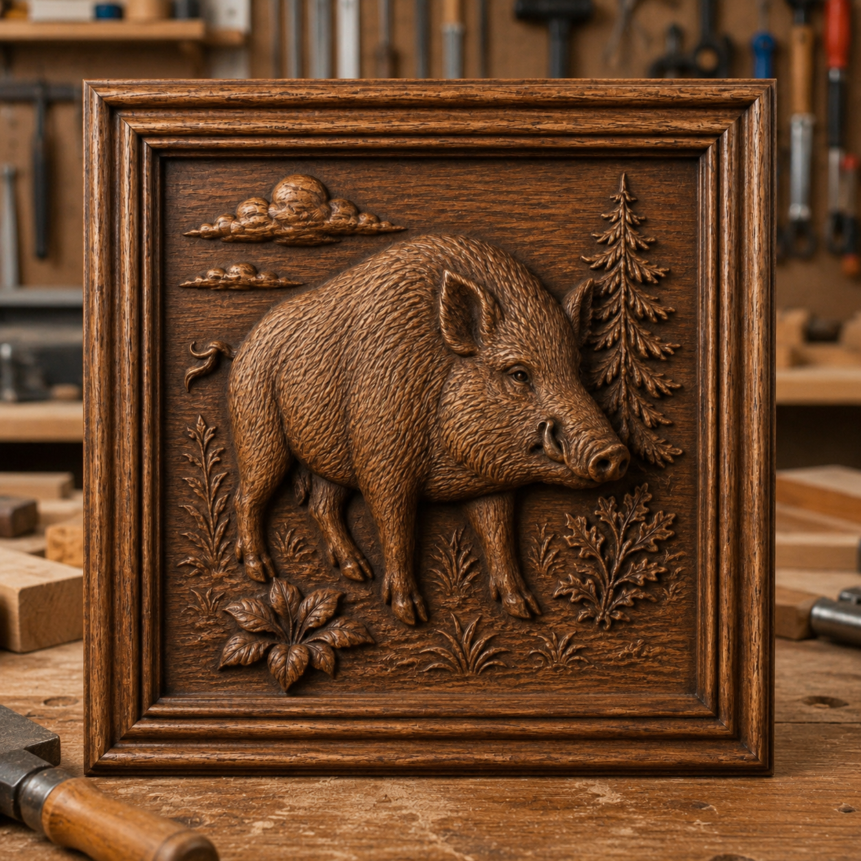 The Wild Boar Relief STL File | Wildlife CNC Wall Art by Form Arcade features an intricate wooden relief carving of a wild boar in nature, surrounded by trees, plants, and clouds. Displayed in a workshop setting with tools in the background, this detailed piece highlights skilled CNC relief carving and serves as striking woodworking wall art.