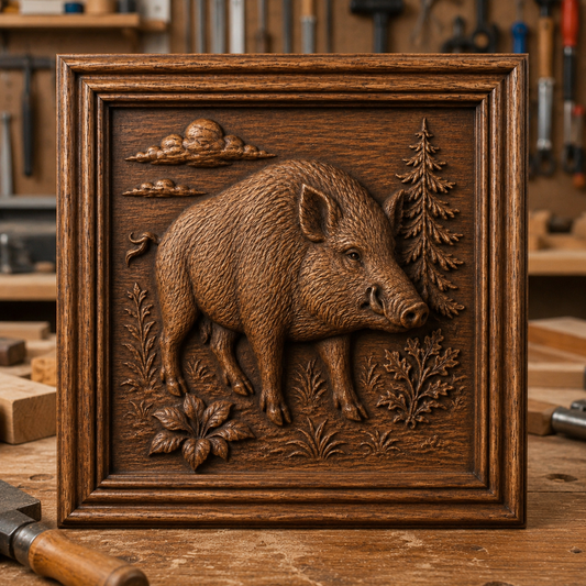 The Wild Boar Relief STL File | Wildlife CNC Wall Art by Form Arcade features an intricate wooden relief carving of a wild boar in nature, surrounded by trees, plants, and clouds. Displayed in a workshop setting with tools in the background, this detailed piece highlights skilled CNC relief carving and serves as striking woodworking wall art.