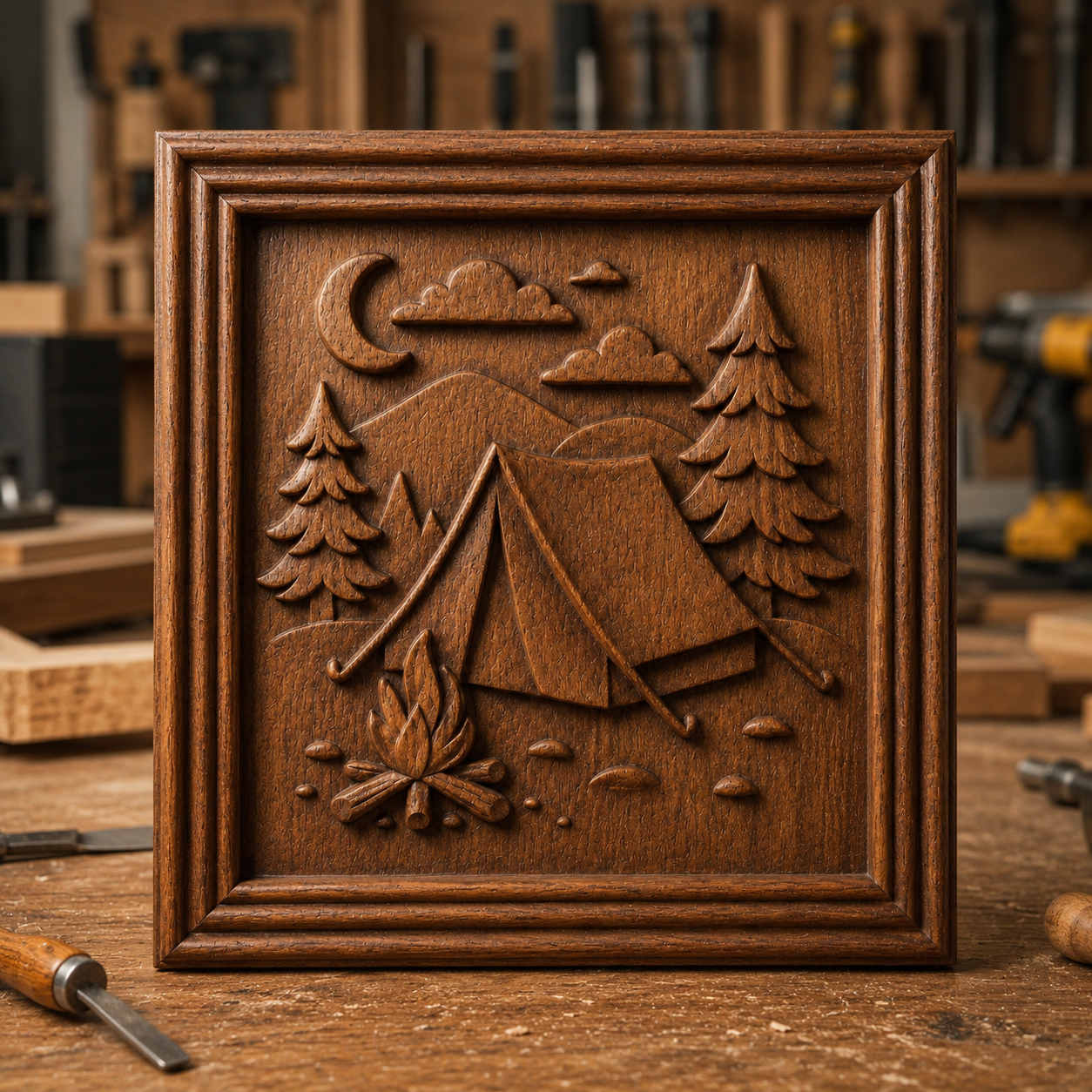 The "Camping Night Relief STL File | CNC Wall Art" by Form Arcade is a framed wooden relief carving featuring a tent, campfire, pine trees, clouds, and a crescent moon, displayed on a workbench with tools and a blurred workshop background.