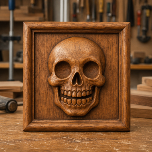 The Skull Portrait Relief STL File by Form Arcade is displayed mounted on a square wooden plaque atop a workbench in a woodworking shop, with tools visible in the background. This CNC wall art design features detailed relief carving, making it a distinctive addition to any woodworking or digital art collection.