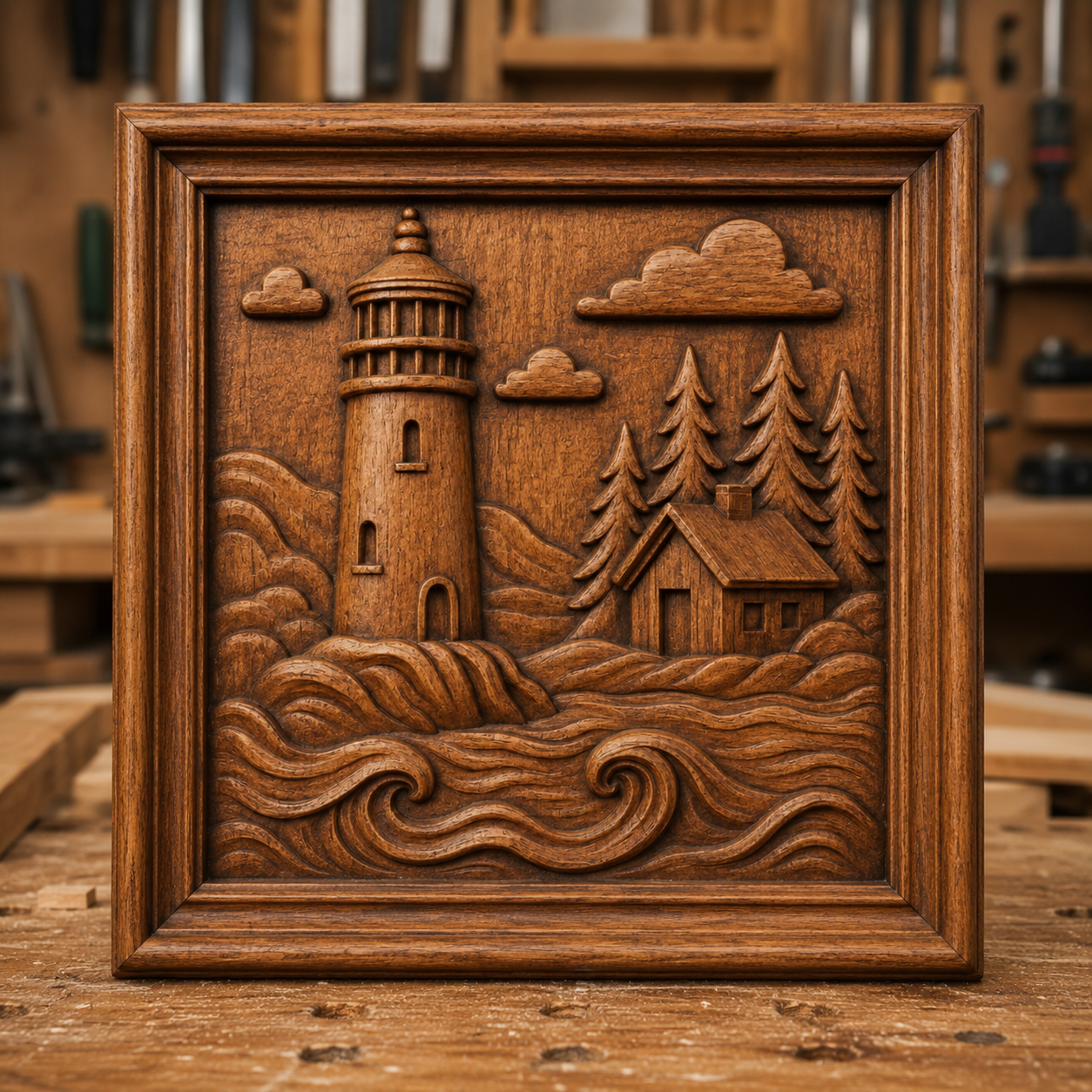 The "Lighthouse Coast Relief STL File" by Form Arcade is a nautical CNC wall art design featuring a detailed framed panel with a lighthouse, cottage, trees, waves, and clouds—displayed against a blurred workbench background with tools.