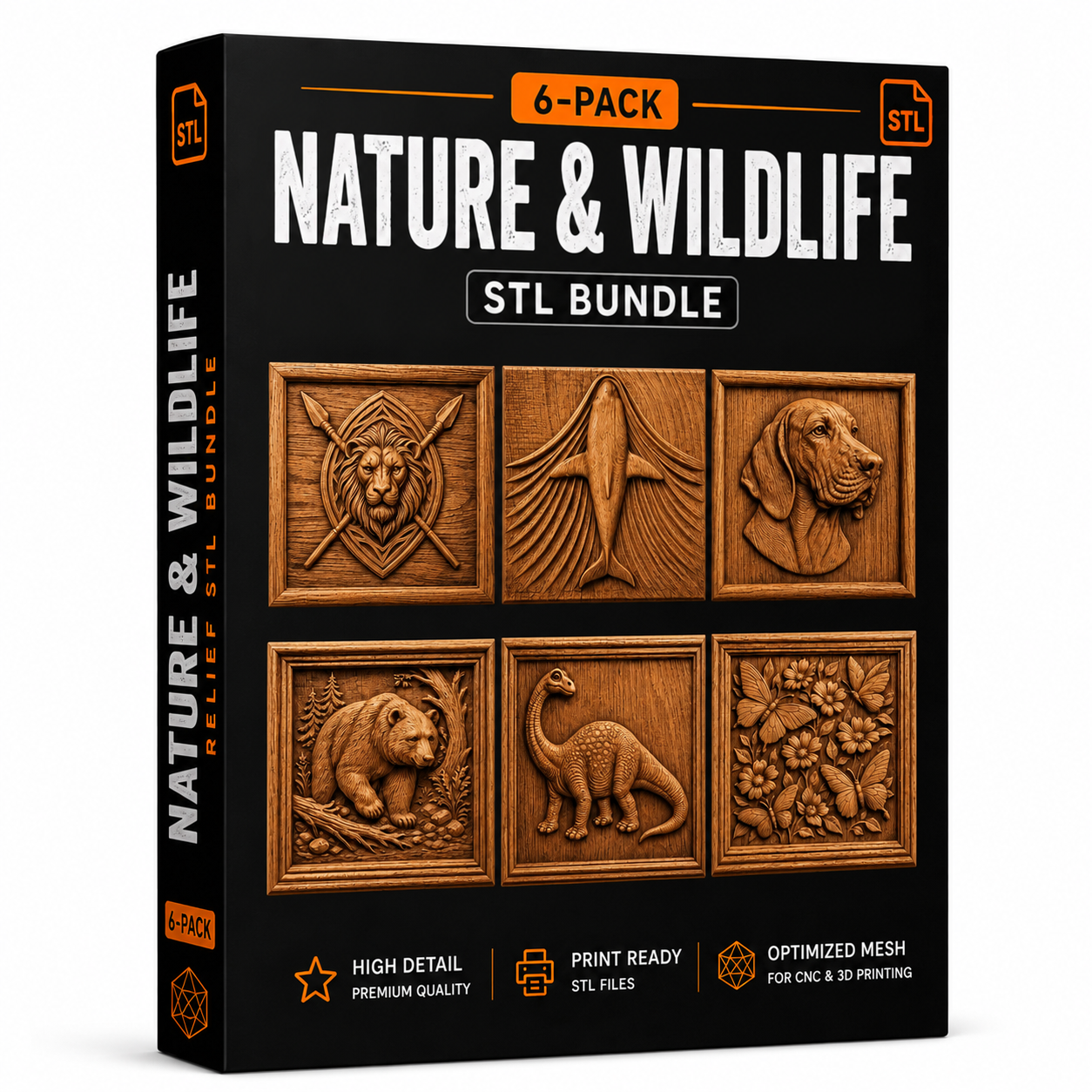 Discover the Nature & Wildlife 6-Pack Relief STL Bundle | Decorative CNC Wall Art by Form Arcade—featuring six highly detailed wooden relief designs: lion, wolf, deer, beaver, dinosaur, and butterfly with flowers. This collection is perfect for 3D printing and woodworking projects, boasting intricate nature-inspired designs ideal for CNC relief carving enthusiasts. Each bas relief STL file is meticulously crafted for high detail and print readiness.