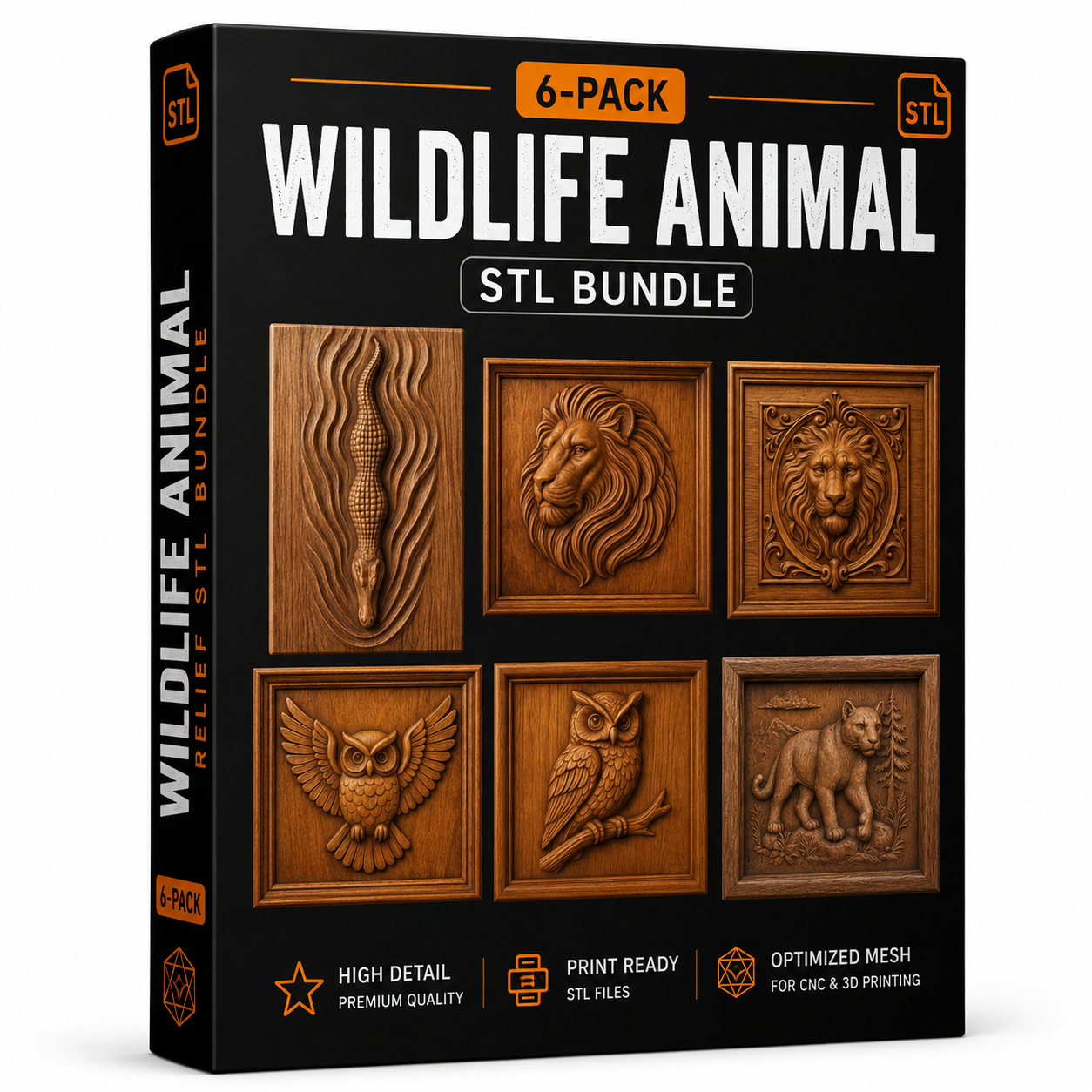 Box labeled Wildlife Animal 6-Pack Relief STL Bundle | CNC Wall Art by Form Arcade, featuring six intricately carved animal reliefs—lion, elephant, wolf, owl, deer, and bear. Includes high-detail, print-ready bas relief STL files with optimized mesh designed for CNC relief carving and woodworking projects.