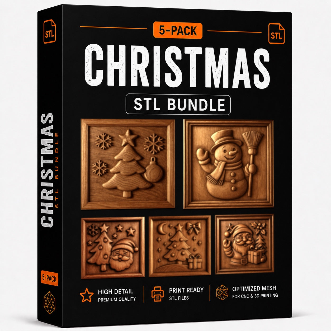 A box labeled "Christmas Santa Relief STL 5 Pack Bundle | Holiday CNC Wall Art" from Form Arcade displays 3D wood-carved designs including a snowman, reindeer, bells, and ornaments. The packaging highlights a 5-pack of high-detail, print-ready files with optimized mesh—perfect for CNC relief carving and wood carving enthusiasts.