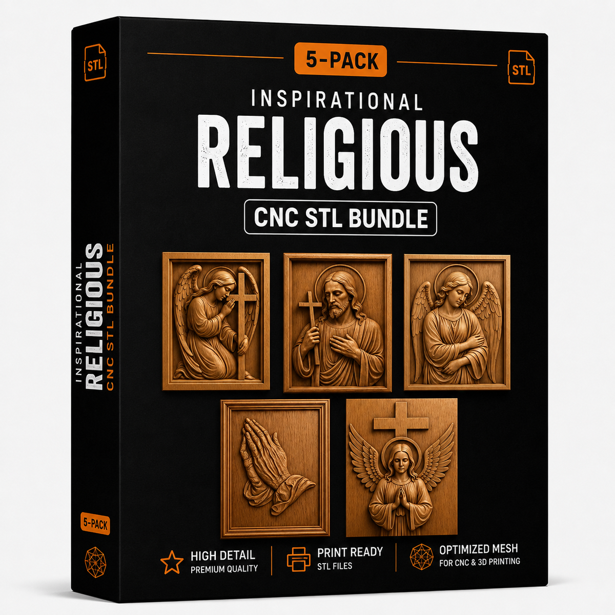 Box for Inspirational Religious 5-Pack CNC STL Bundle | Christian CNC Wall Art by Form Arcade. This collection features intricate images of religious icons carved in wood, perfect for relief carving and woodworking projects. Includes high-detail, print-ready STL files with optimized mesh suitable for CNC or 3D printing.