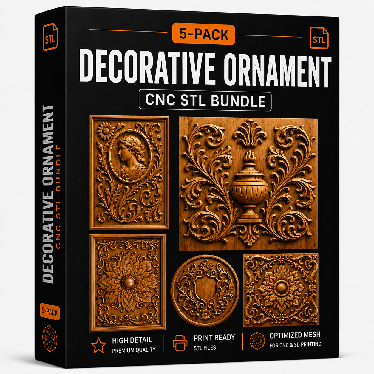 A sleek black box labeled “Decorative Ornament 5-Pack CNC STL Bundle | CNC Wall Art” from Form Arcade displays five intricate wood ornament designs, featuring cameo, floral, swirl, and geometric patterns. Ideal for CNC relief carving and woodworking projects, icons indicate ultra-detailed craftsmanship, print-ready quality, and an optimized STL file mesh.