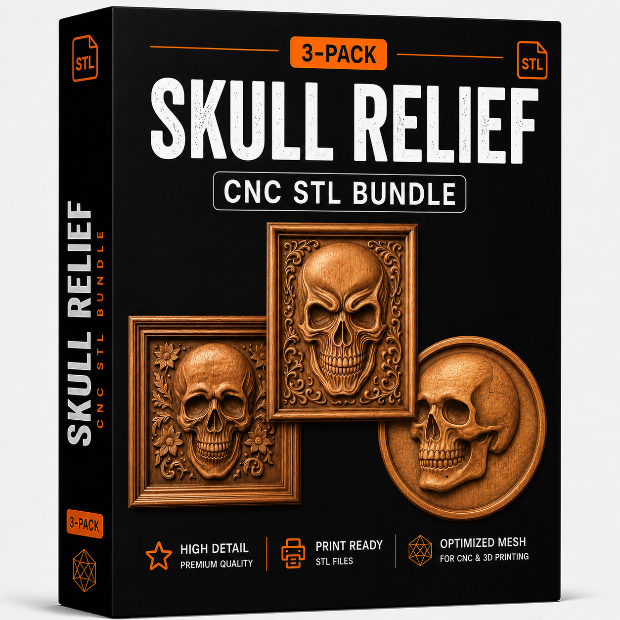 A product box labeled "Skull Relief 3-Pack CNC STL Bundle | Gothic CNC Wall Art" by Form Arcade features three ornate skull relief designs. Ideal for CNC relief carving and woodworking projects, the box highlights high detail, print readiness, and optimized mesh for 3D printing.