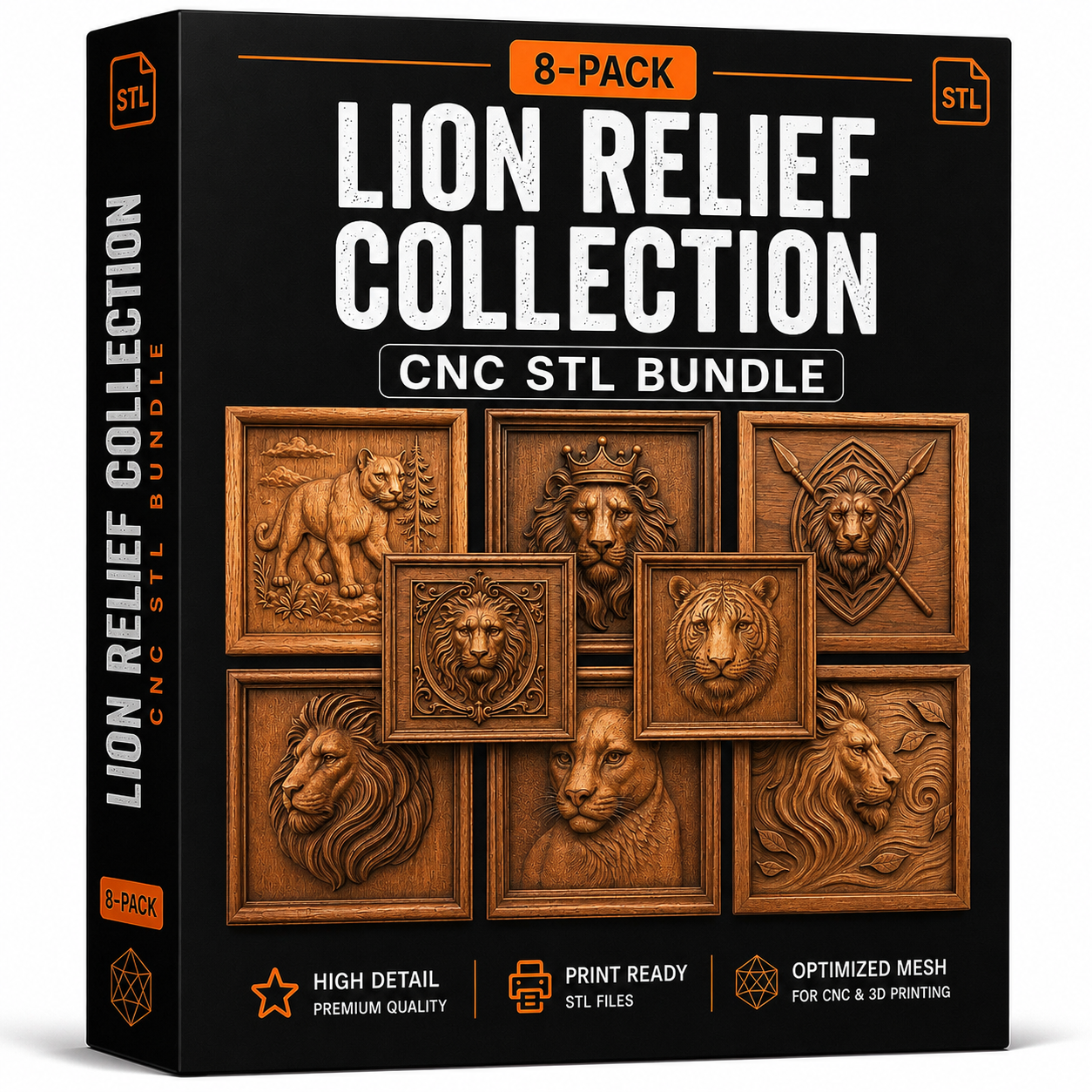 Front view of a box labeled “Lion Relief Collection 8-Pack CNC STL Bundle | Big CNC Wall Art” by Form Arcade, featuring eight intricately detailed lion relief designs perfect for woodworking projects and CNC relief carving. Text highlights high-detail, print-ready lion STL files with optimized mesh for seamless use in both CNC and 3D printing applications.
