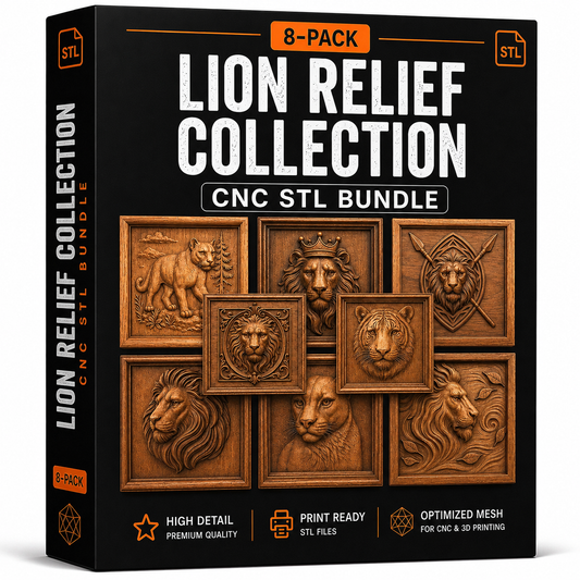 Front view of a box labeled “Lion Relief Collection 8-Pack CNC STL Bundle | Big CNC Wall Art” by Form Arcade, featuring eight intricately detailed lion relief designs perfect for woodworking projects and CNC relief carving. Text highlights high-detail, print-ready lion STL files with optimized mesh for seamless use in both CNC and 3D printing applications.