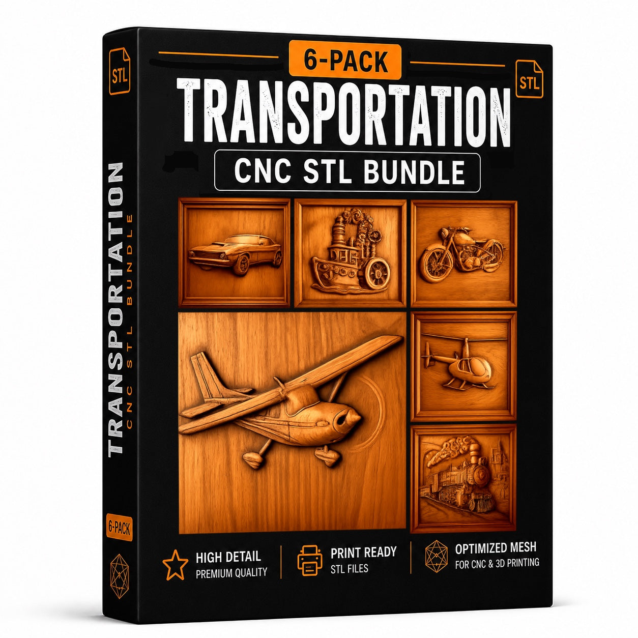 Box labeled “Transportation Relief CNC STL Bundle | Vehicle CNC Wall Art” by Form Arcade, featuring wood-carved images of a car, motorcycle, truck, plane, boat, and train. Features include highly detailed relief carving, print-ready STL files with optimized mesh for CNC and woodworking projects.