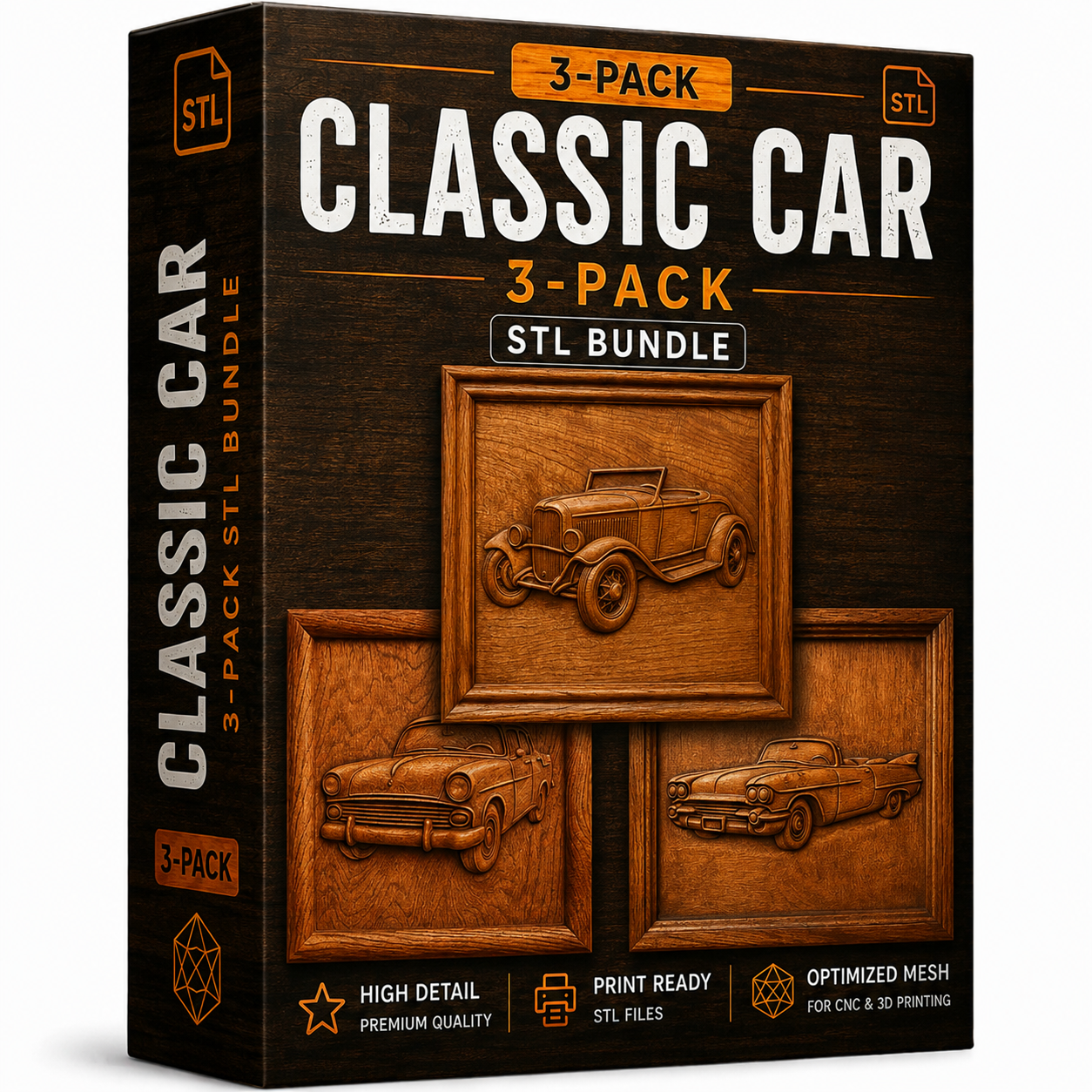 Introducing the Classic Car 3-Pack CNC STL Bundle by Form Arcade—a CNC-ready box set featuring three classic car relief models on the front, perfect for automotive-themed wall art and woodworking projects. Labeled “Classic Car 3-Pack CNC STL Bundle | Automotive CNC Wall Art,” this collection also showcases icons for high detail, print readiness, and optimized mesh design for seamless 3D printing.