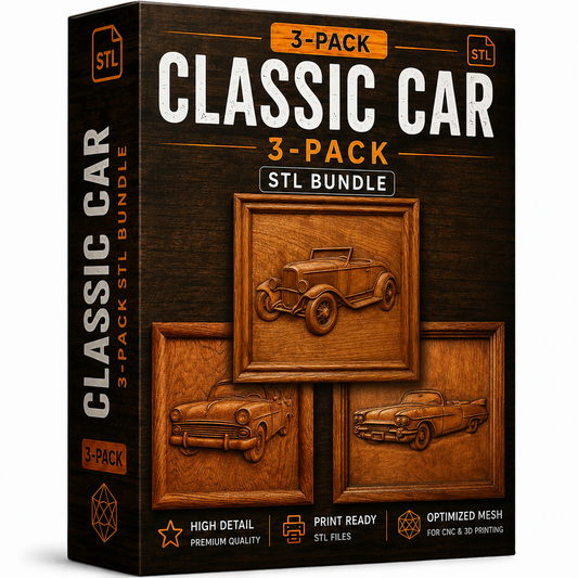 Introducing the Classic Car 3-Pack CNC STL Bundle by Form Arcade—a CNC-ready box set featuring three classic car relief models on the front, perfect for automotive-themed wall art and woodworking projects. Labeled “Classic Car 3-Pack CNC STL Bundle | Automotive CNC Wall Art,” this collection also showcases icons for high detail, print readiness, and optimized mesh design for seamless 3D printing.