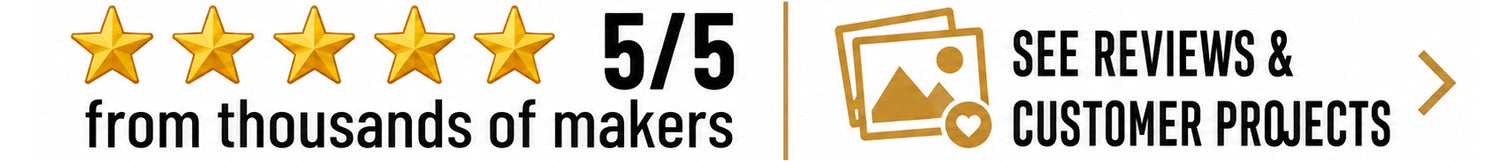 Five gold stars, text reads “5/5 from thousands of makers,” and an icon of photos with the words “See reviews & cnc projects” next to a right arrow.