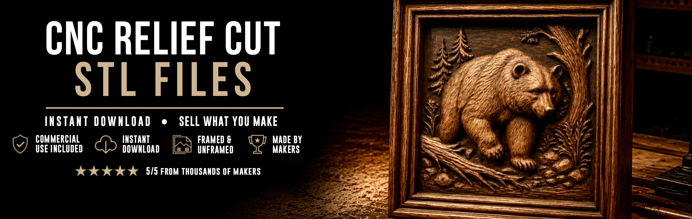 A carved wooden relief cut of a bear in a forest is framed on the right. The left side displays text: CNC Relief Cut STL Files, with icons and details like instant download, commercial use, and 5-star ratings.