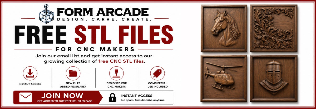 Banner for Form Arcade offering free CNC STL files. Four carved wood plaques—two with animals, one with a helicopter, one with a knight—highlight detailed relief cut designs. Icons indicate instant access, regular updates, and commercial use. Join Now button is featured.