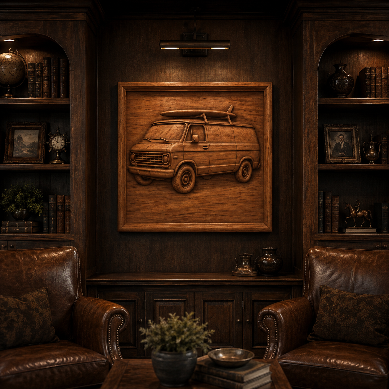 The Classic Car Collection 8-Pack STL Bundle by Form Arcade is featured as CNC-carved wood wall art of a vintage car with a surfboard, displayed between leather chairs in a cozy library with bookshelves and warm lighting.