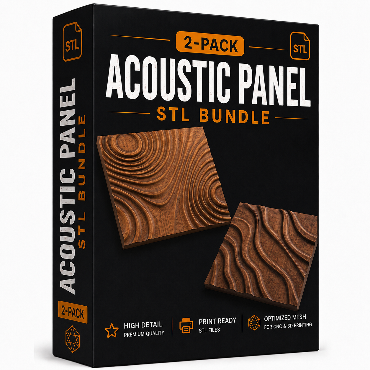 A black box labeled "Acoustic Panel STL 2-Pack | Decorative CNC Wall Art" by Form Arcade displays two wood-textured panel designs, ideal for woodworking projects. Icons beneath emphasize high-detail, print-ready STL files featuring abstract texture patterns and optimized meshes suitable for CNC relief carving and 3D printing.