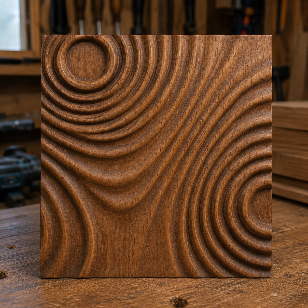 The Acoustic Panel STL 2-Pack by Form Arcade, featuring decorative CNC wall art designs, is displayed upright on a workbench in a woodshop—showcasing the artistry of CNC relief carving and standing out among woodworking projects.