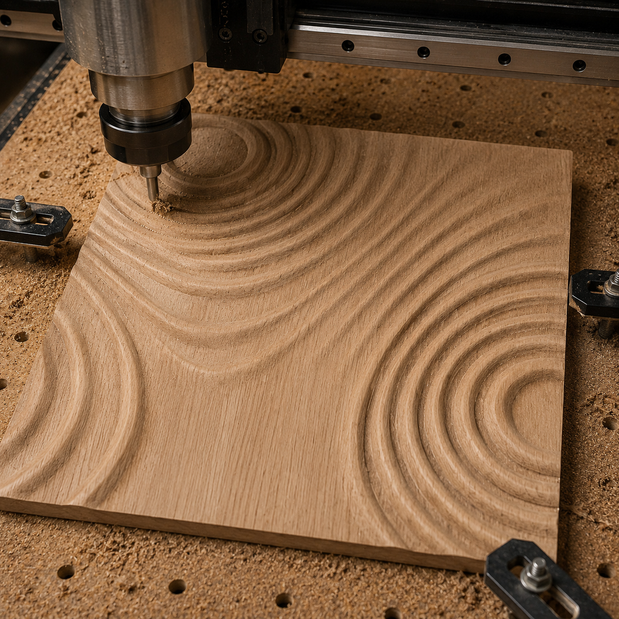 A CNC machine engraves concentric circular patterns into a square wooden board, forming a textured, wavelike design—the Acoustic Panel STL 2-Pack by Form Arcade. Perfect for woodworking projects and CNC relief carving, this decorative wall art is shown on a perforated workbench sprinkled with wood dust.