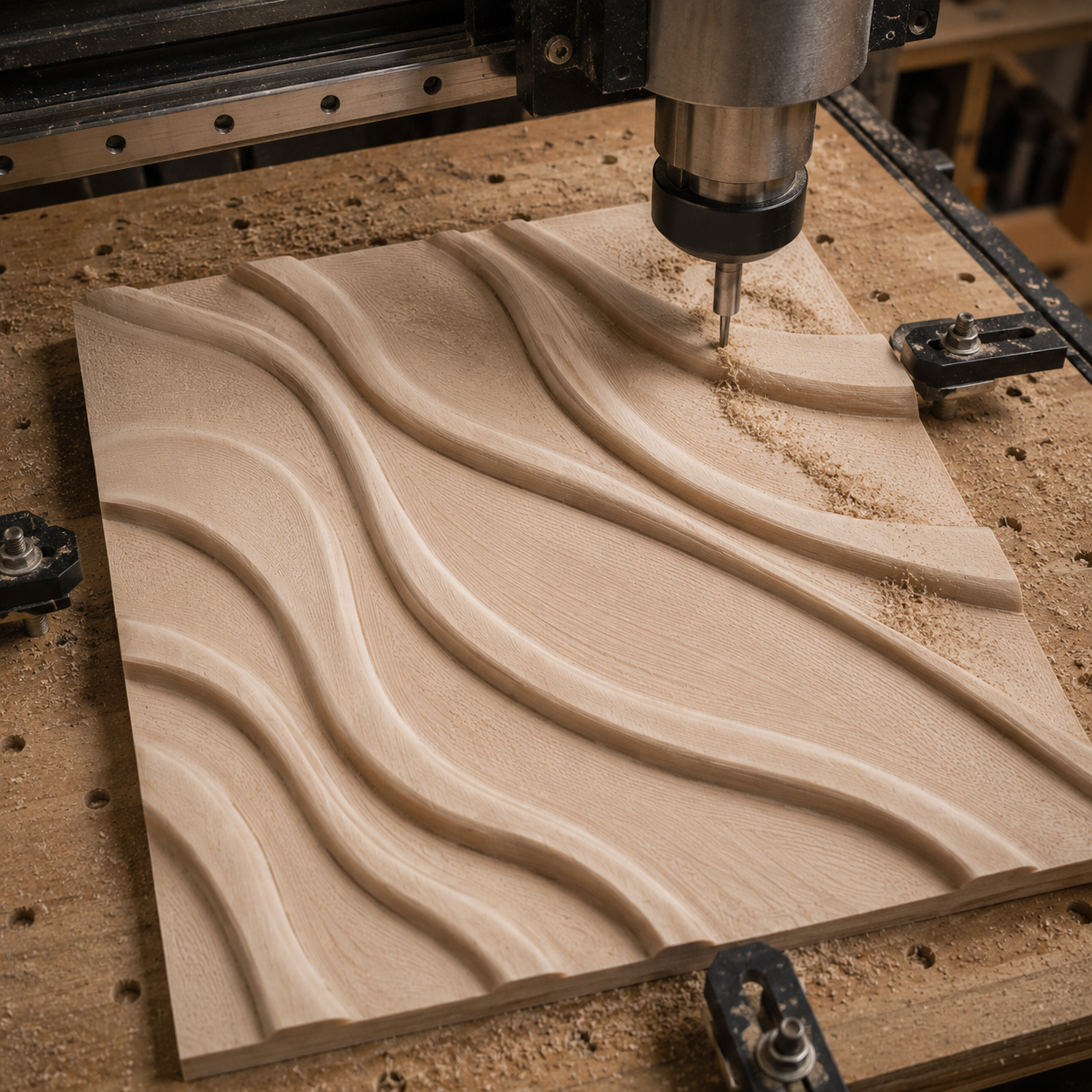 A Form Arcade Acoustic Panel STL 2-Pack features decorative CNC wall art, where a CNC machine precisely carves smooth, wavy patterns into square wooden panels, showcasing intricate relief carving and abstract texture designs, with wood shavings visible around the cutting tool.