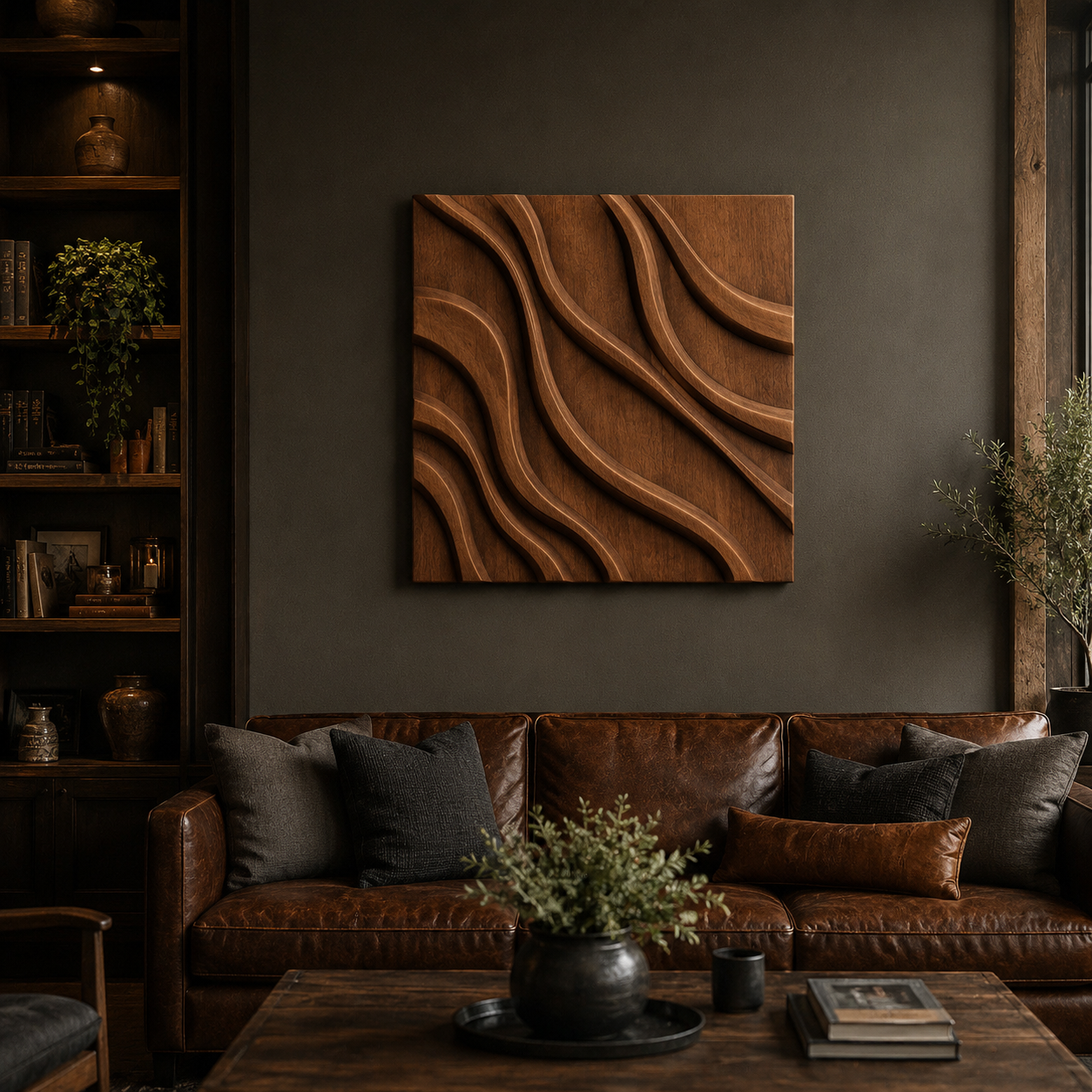A cozy living room with a brown leather sofa, gray and dark pillows, a wooden coffee table, and sculpted Form Arcade Acoustic Panel STL 2-Pack Decorative CNC Wall Art mounted above the sofa. Bookshelves and potted plants complete the warm, inviting decor.