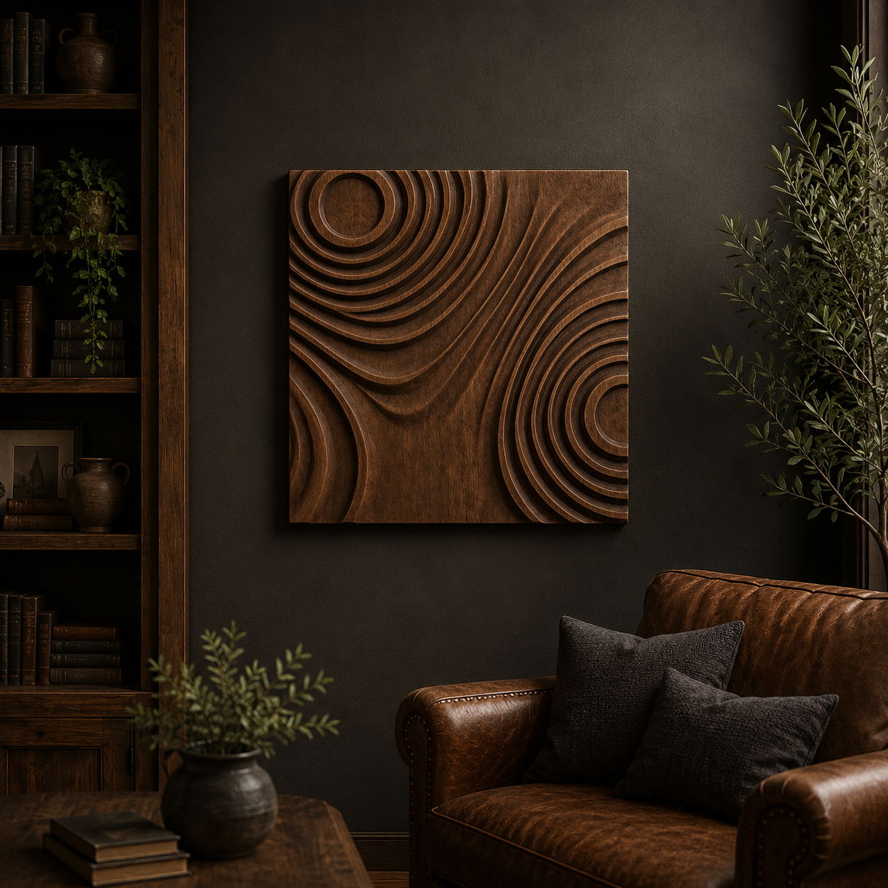 A cozy living room with a brown leather chair, dark pillows, potted plants, bookshelves, and a wooden art piece made from Form Arcade’s Acoustic Panel Circles Relief Cut STL File—a decorative CNC wall art featuring swirling carved circular patterns that showcase the intricacies of CNC relief carving—mounted on a dark wall.