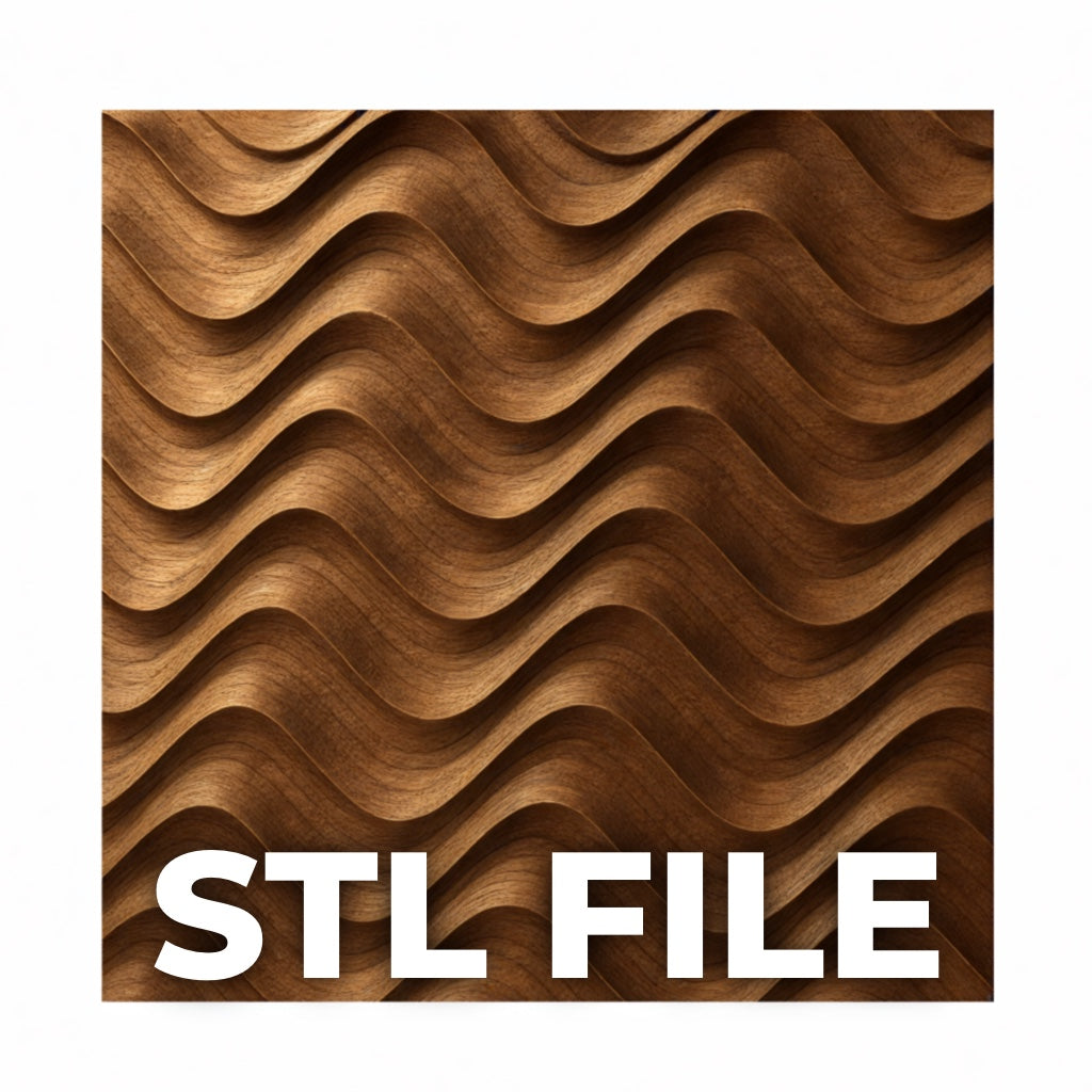 Featuring a brown wavy wood texture with repeating curves, the image showcases the Abstract Wavy Acoustic Panel Relief STL File | Modern CNC Wall Art by Form Arcade—perfect for CNC relief carving. "STL FILE" is boldly displayed in white lettering at the bottom.