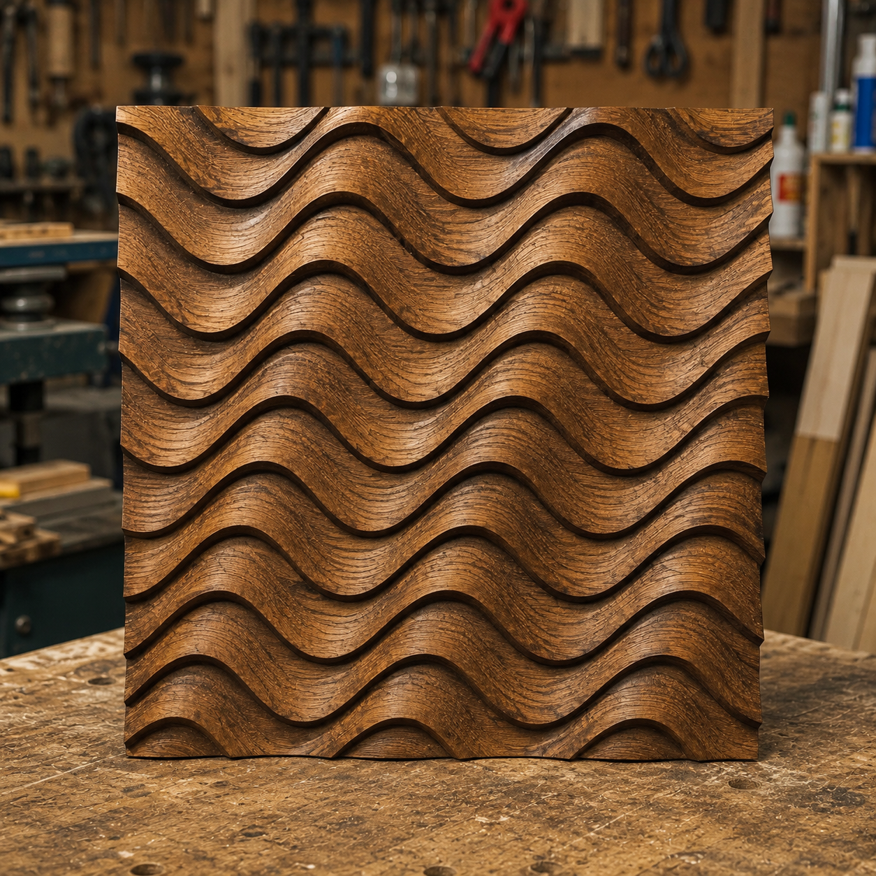 The Abstract Wavy Acoustic Panel Relief STL File by Form Arcade—a modern CNC wall art design featuring an abstract wavy pattern—rests on a workbench in a workshop, surrounded by blurred tools and wood pieces in the background.