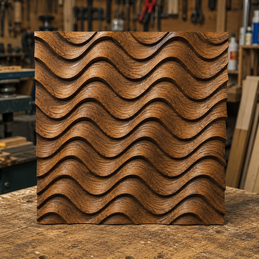 The Abstract Wavy Acoustic Panel Relief STL File by Form Arcade—a modern CNC wall art design featuring an abstract wavy pattern—rests on a workbench in a workshop, surrounded by blurred tools and wood pieces in the background.