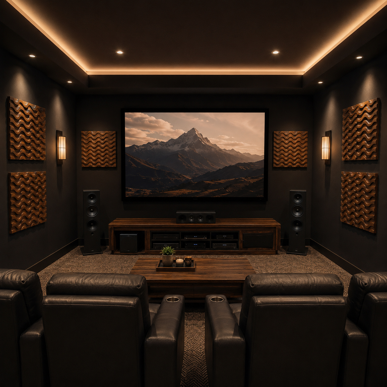 Home theater room with four leather chairs, wood tables crafted from unique woodworking projects, surround sound speakers, a large screen displaying a mountain landscape, warm ceiling and wall lighting, and striking Abstract Wavy Acoustic Panel Reliefs by Form Arcade adding modern style and acoustic performance to the walls.