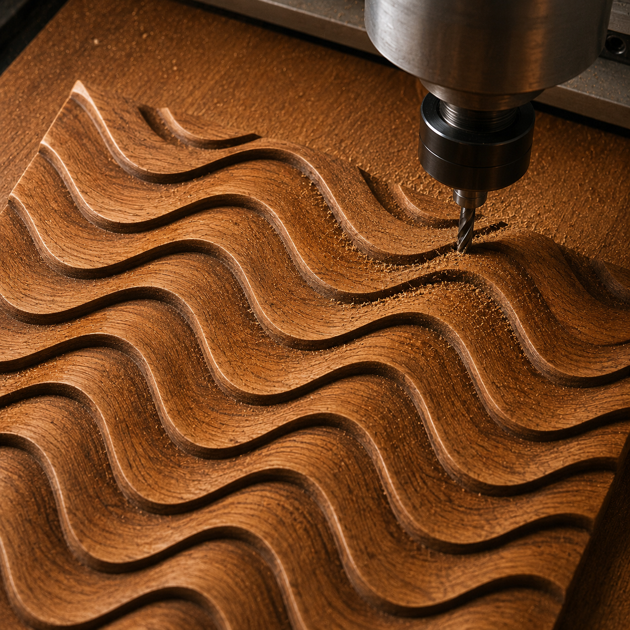 A CNC machine carves Form Arcade’s "Abstract Wavy Acoustic Panel Relief STL File | Modern CNC Wall Art" into wood, forming a decorative, textured abstract wavy pattern. Fine wood dust surrounds the cutting tool in action, making this an inspiring showcase for woodworking projects and CNC relief carving.