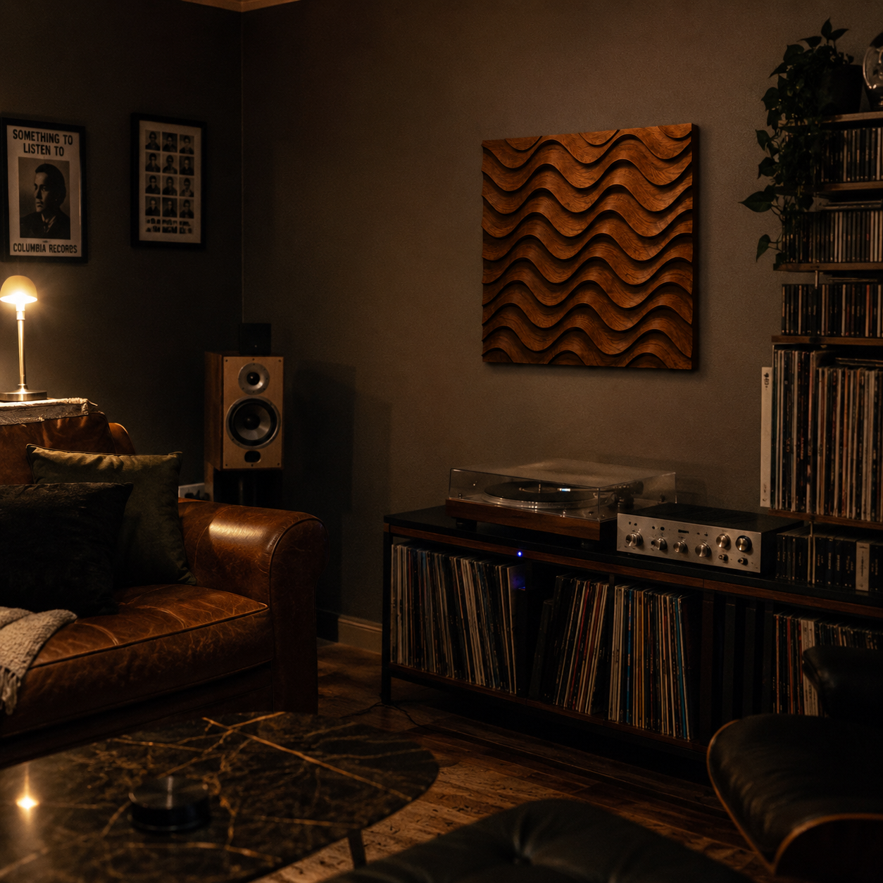 Cozy living room with warm lighting, a brown leather sofa, potted plants, speakers, a turntable, and vinyl records neatly arranged on shelves. Form Arcade's "Abstract Wavy Acoustic Panel Relief STL File | Modern CNC Wall Art" serves as striking wall art, adding a vintage music-themed atmosphere and providing the perfect backdrop for showcasing unique woodworking projects.
