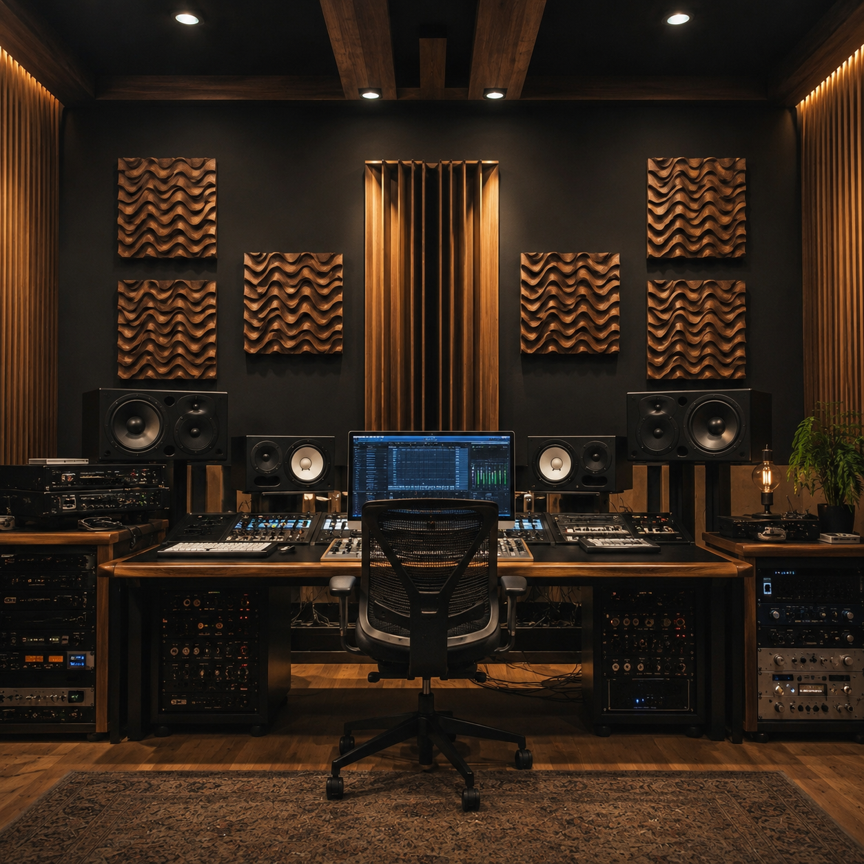 A modern music studio featuring Form Arcade’s Abstract Wavy Acoustic Panel Relief—crafted as a CNC wall art accent—alongside audio equipment, large speakers, a computer monitor, a mixing console, and an empty chair at the center. Warm lighting and wooden decor highlight fine woodworking projects, while the acoustic panel brings stylish soundproofing to the inviting atmosphere.