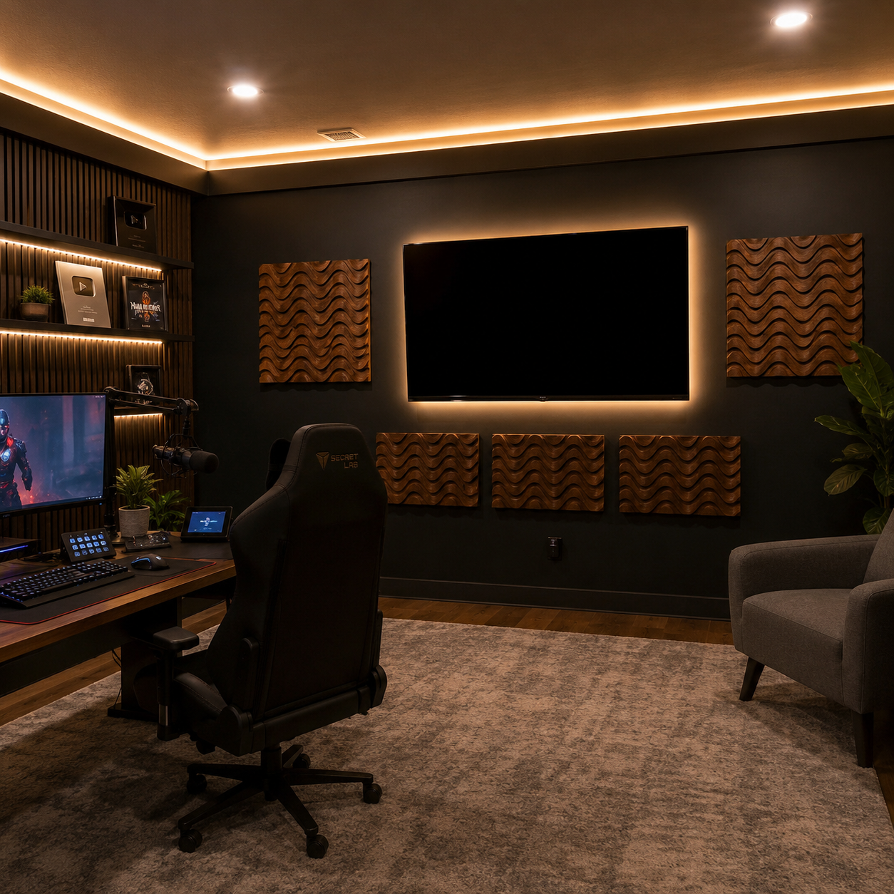 A modern gaming room featuring a large wall-mounted TV, Form Arcade’s Abstract Wavy Acoustic Panel Relief STL File—a contemporary CNC wall art design ideal for woodworking projects—LED lighting, a gaming chair, desk setup with monitors, and shelves with decor. A gray armchair and a plant are placed in the corner.